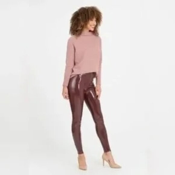 SPANX Faux Patent Leather Ruby Burgundy Cabernet Leggings Large NEW - Picture 1 of 8